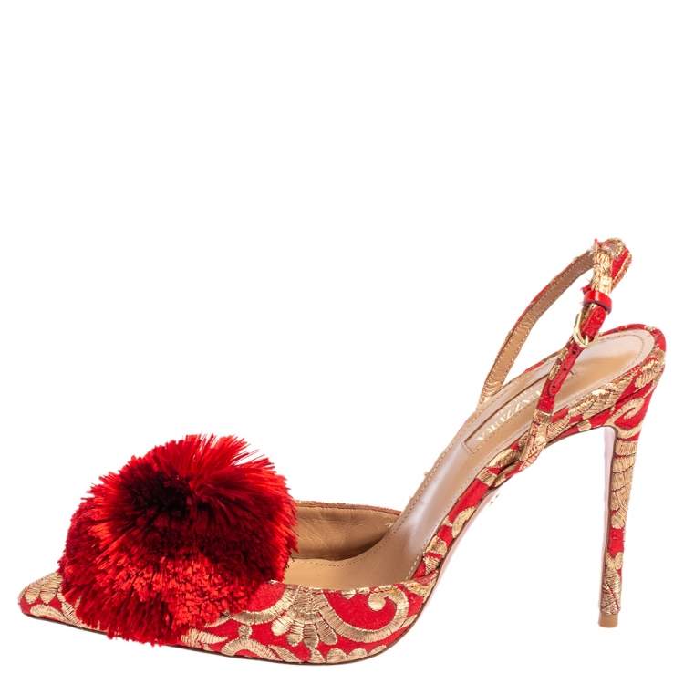Pre Owned Aquazzura Red Brocade Fabric Powder Puff Slingback Sandals Size 38