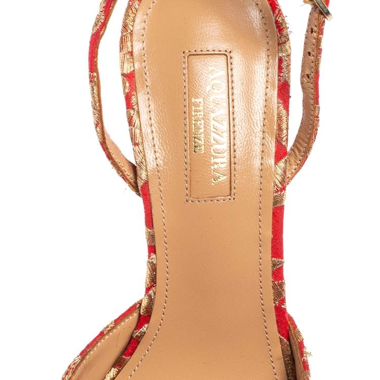 Pre Owned Aquazzura Red Brocade Fabric Powder Puff Slingback Sandals Size 38