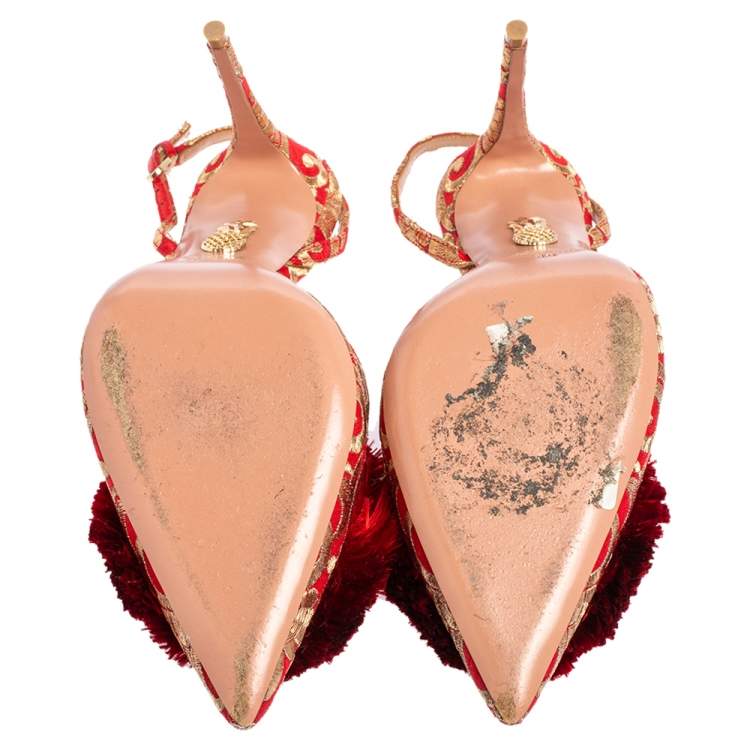 Pre Owned Aquazzura Red Brocade Fabric Powder Puff Slingback Sandals Size 38
