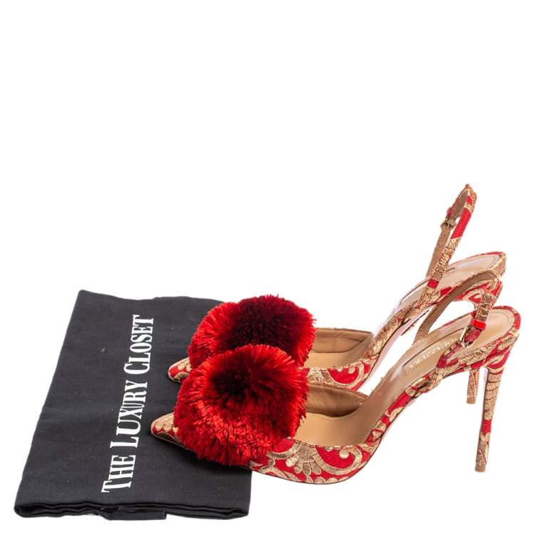 Pre Owned Aquazzura Red Brocade Fabric Powder Puff Slingback Sandals Size 38