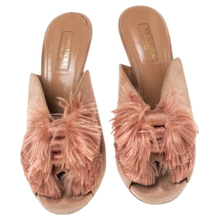 Pre Owned Aquazzura Blush Pink Lotus Blossom Mule Sandals Size 38.5