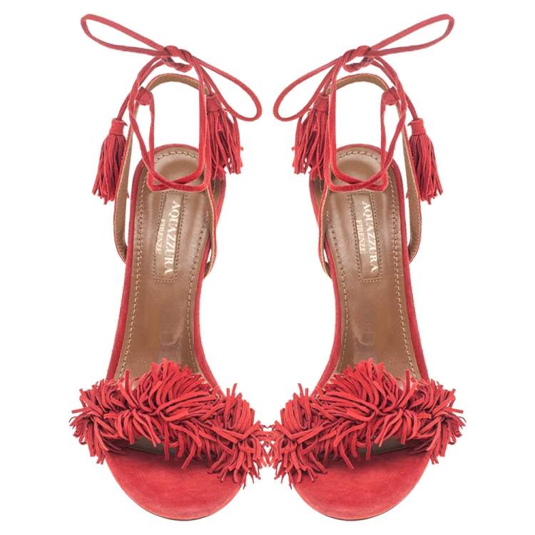 مملوكة مسبقًا Aquazzura Red Suede Wild Things Ankle Wrap Sandals Size 38