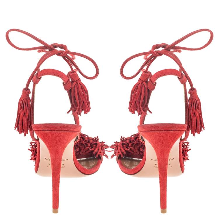 مملوكة مسبقًا Aquazzura Red Suede Wild Things Ankle Wrap Sandals Size 38