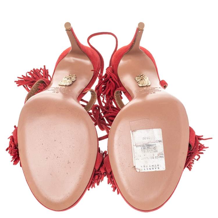 مملوكة مسبقًا Aquazzura Red Suede Wild Things Ankle Wrap Sandals Size 38
