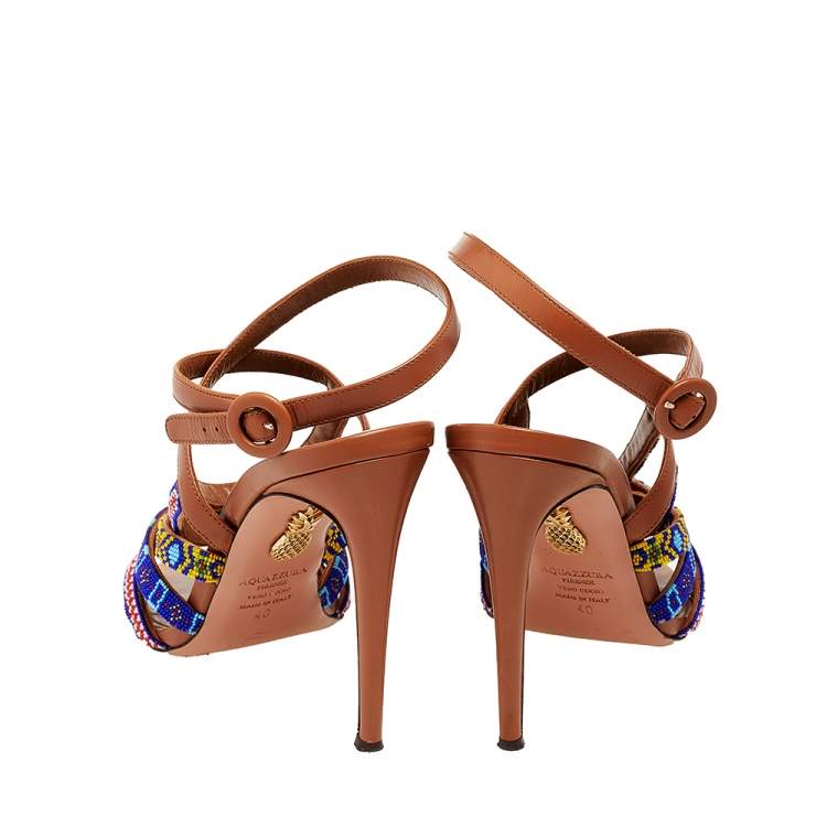 Pre Owned Aquazzura Multicolor Leather And Masai Beaded Strappy Sandals Size 40