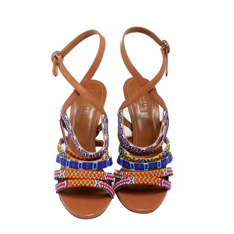 Pre Owned Aquazzura Multicolor Leather And Masai Beaded Strappy Sandals Size 40