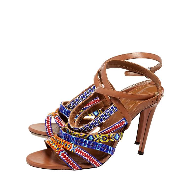 Pre Owned Aquazzura Multicolor Leather And Masai Beaded Strappy Sandals Size 40