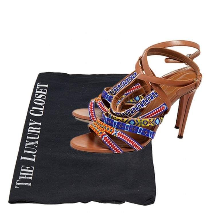 Pre Owned Aquazzura Multicolor Leather And Masai Beaded Strappy Sandals Size 40