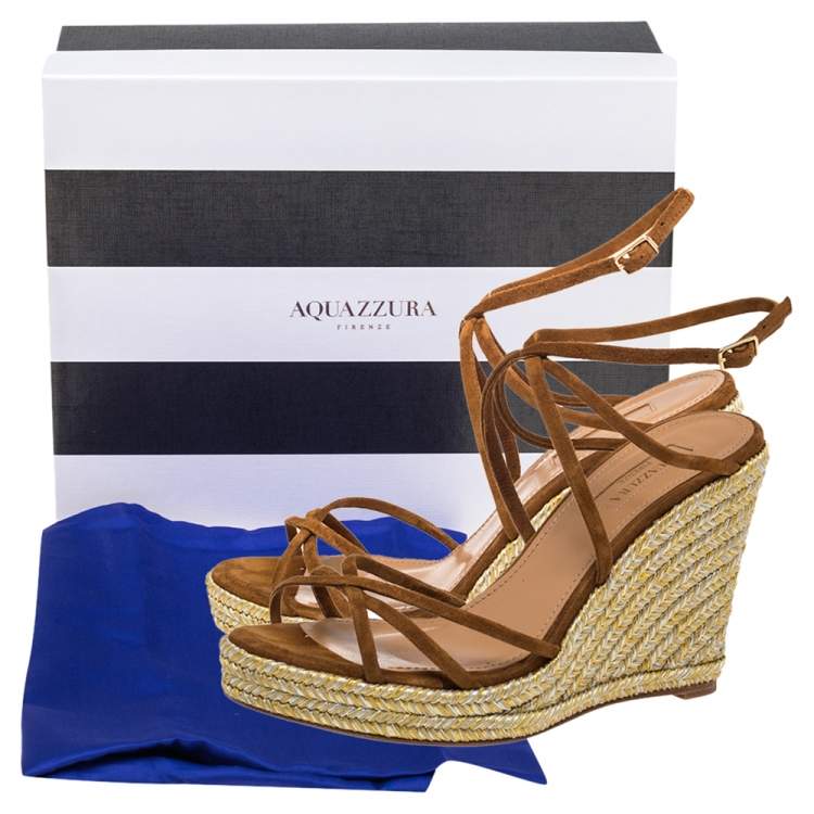 Pre Owned Aquazzura Brown Suede Gin Espadrille Wedge Sandals Size 37