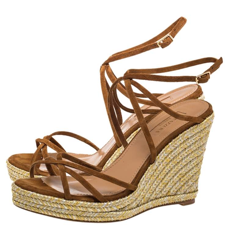 Pre Owned Aquazzura Brown Suede Gin Espadrille Wedge Sandals Size 37