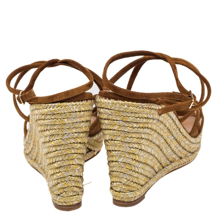 Pre Owned Aquazzura Brown Suede Gin Espadrille Wedge Sandals Size 37