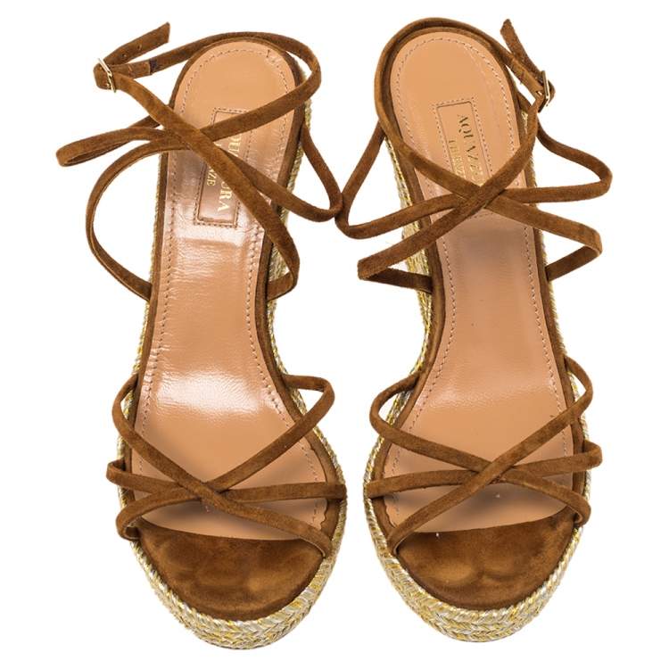 Pre Owned Aquazzura Brown Suede Gin Espadrille Wedge Sandals Size 37