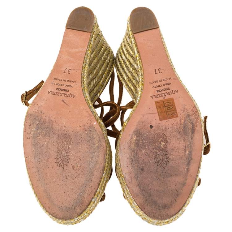 Pre Owned Aquazzura Brown Suede Gin Espadrille Wedge Sandals Size 37