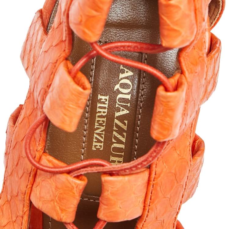 Pre Owned Aquazzura Orange Python Leather Amazon Lace Up Open Toe Sandals Size 40