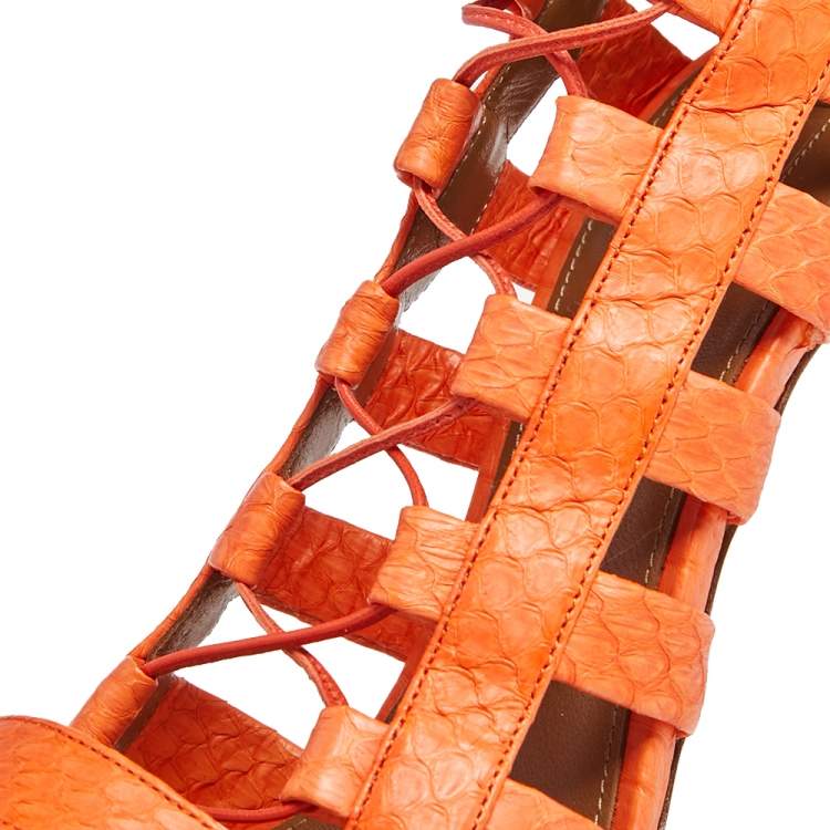 Pre Owned Aquazzura Orange Python Leather Amazon Lace Up Open Toe Sandals Size 40