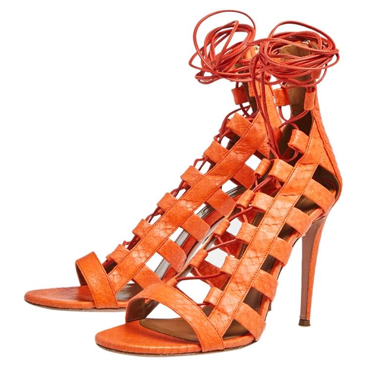 Pre Owned Aquazzura Orange Python Leather Amazon Lace Up Open Toe Sandals Size 40
