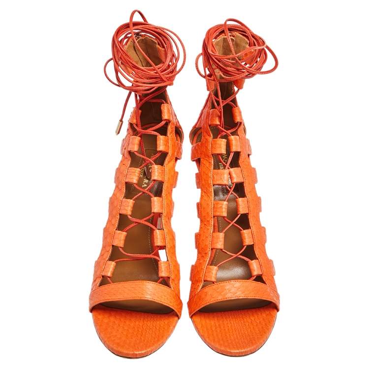 Pre Owned Aquazzura Orange Python Leather Amazon Lace Up Open Toe Sandals Size 40