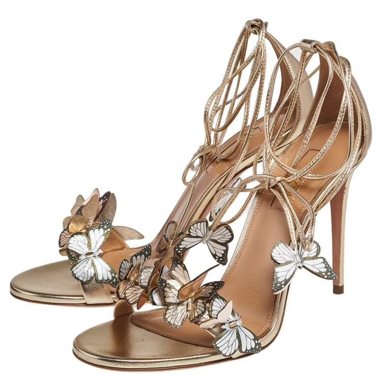Pre Owned Aquazzura Metallic Tri Color Leather Papillon Ankle Wrap Open Toe Sandals Size 37.5