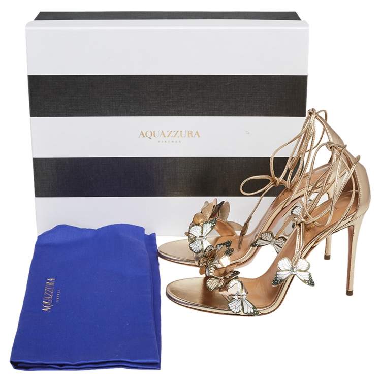 Pre Owned Aquazzura Metallic Tri Color Leather Papillon Ankle Wrap Open Toe Sandals Size 37.5