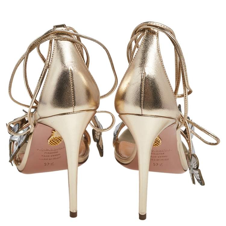 Pre Owned Aquazzura Metallic Tri Color Leather Papillon Ankle Wrap Open Toe Sandals Size 37.5