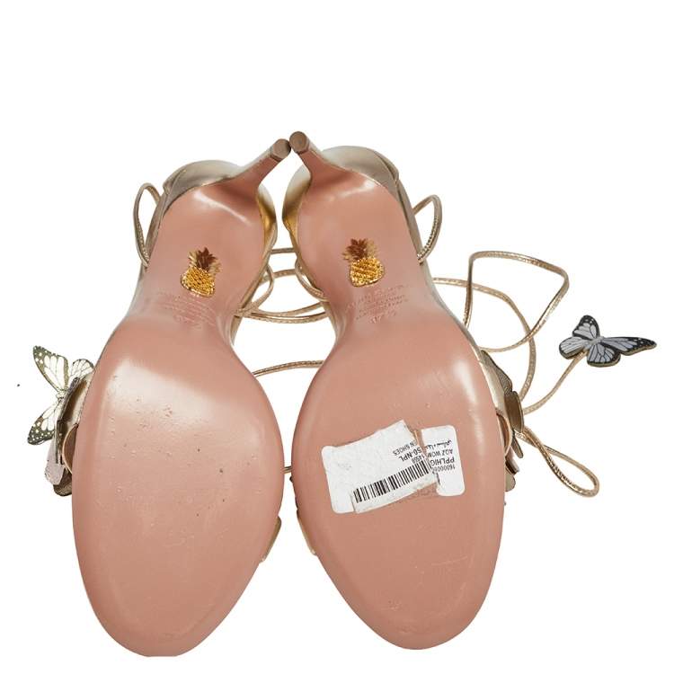 Pre Owned Aquazzura Metallic Tri Color Leather Papillon Ankle Wrap Open Toe Sandals Size 37.5