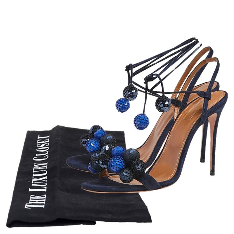 Pre Owned Aquazzura Blue Suede and Sequins Disco Thing Ankle Wrap Sandals Size 40