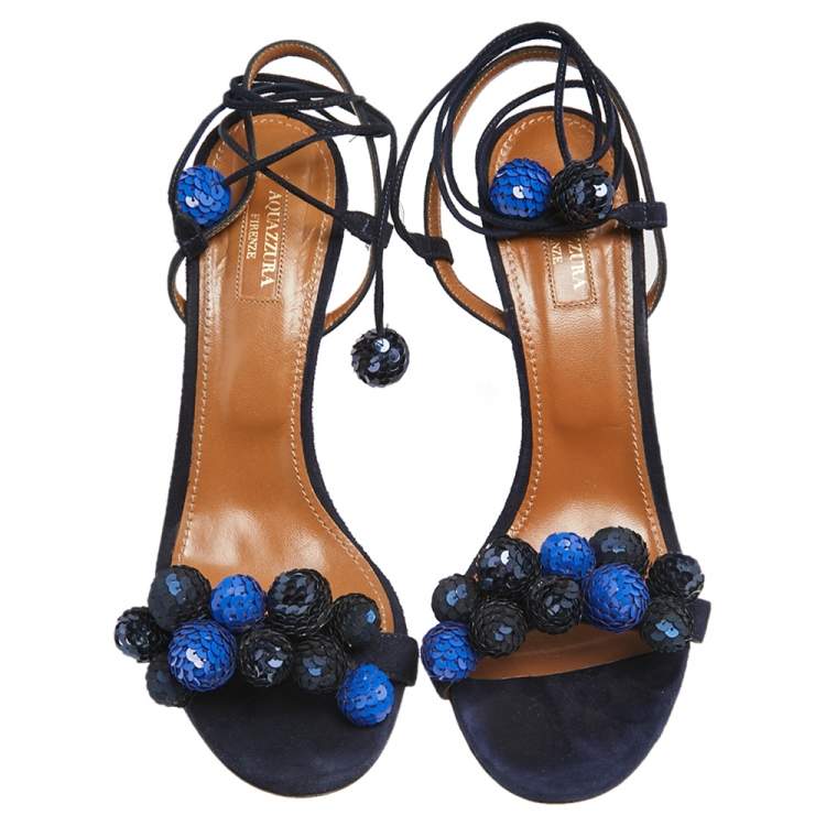 Pre Owned Aquazzura Blue Suede and Sequins Disco Thing Ankle Wrap Sandals Size 40