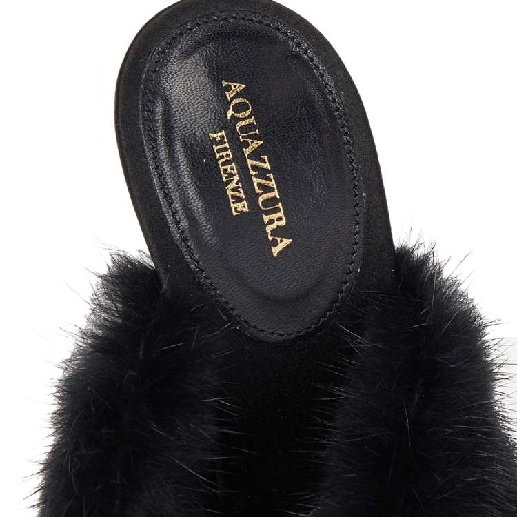 Pre Owned Aquazzura Black Mink Fur Cross Strap Mule Sandals Size 37