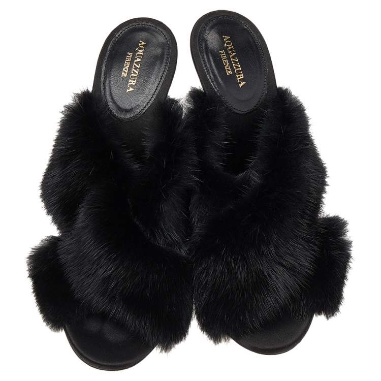 Pre Owned Aquazzura Black Mink Fur Cross Strap Mule Sandals Size 37