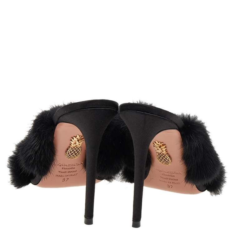 Pre Owned Aquazzura Black Mink Fur Cross Strap Mule Sandals Size 37
