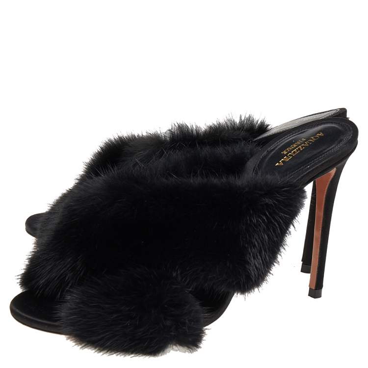 Pre Owned Aquazzura Black Mink Fur Cross Strap Mule Sandals Size 37