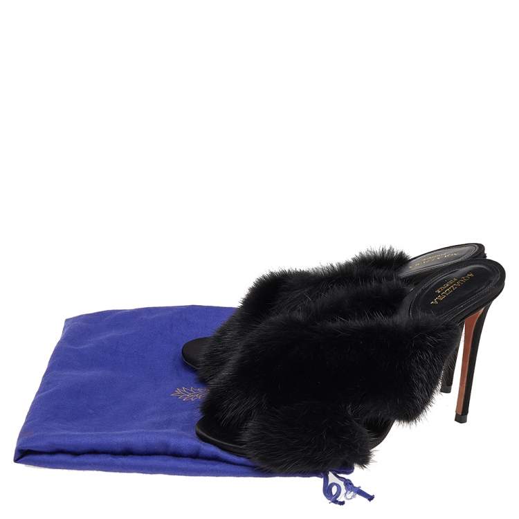 Pre Owned Aquazzura Black Mink Fur Cross Strap Mule Sandals Size 37