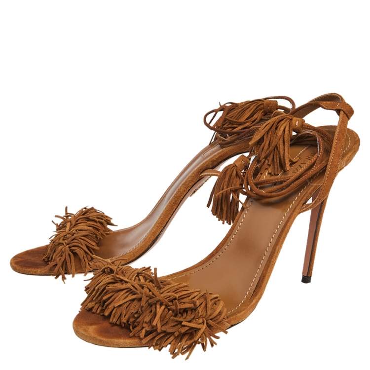 Pre Owned Aquazzura Tan Suede Wild Thing Ankle Wrap Sandals Size 39