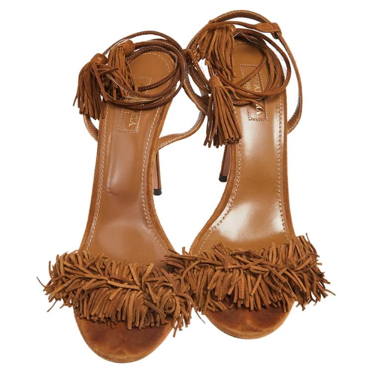 Pre Owned Aquazzura Tan Suede Wild Thing Ankle Wrap Sandals Size 39