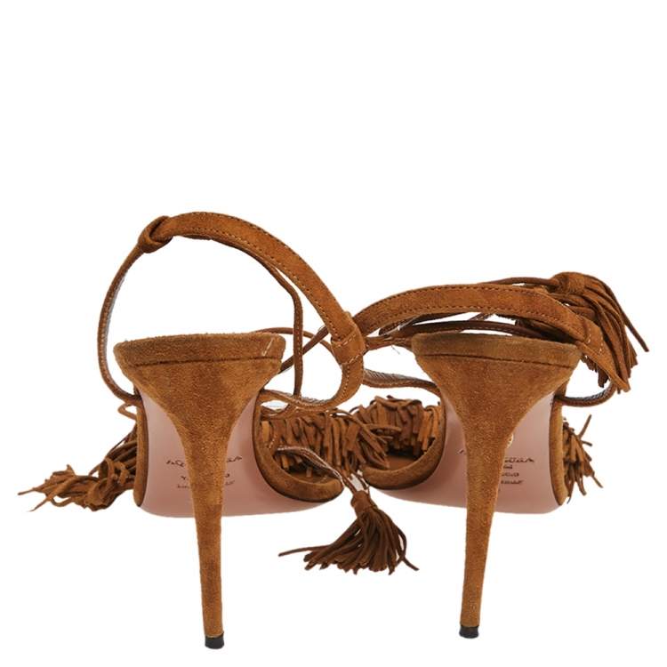 Pre Owned Aquazzura Tan Suede Wild Thing Ankle Wrap Sandals Size 39