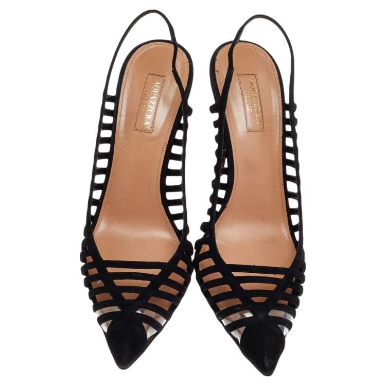 Pre Owned Aquazzura Black Suede And PVC Cosima Slingback Sandals Size 40