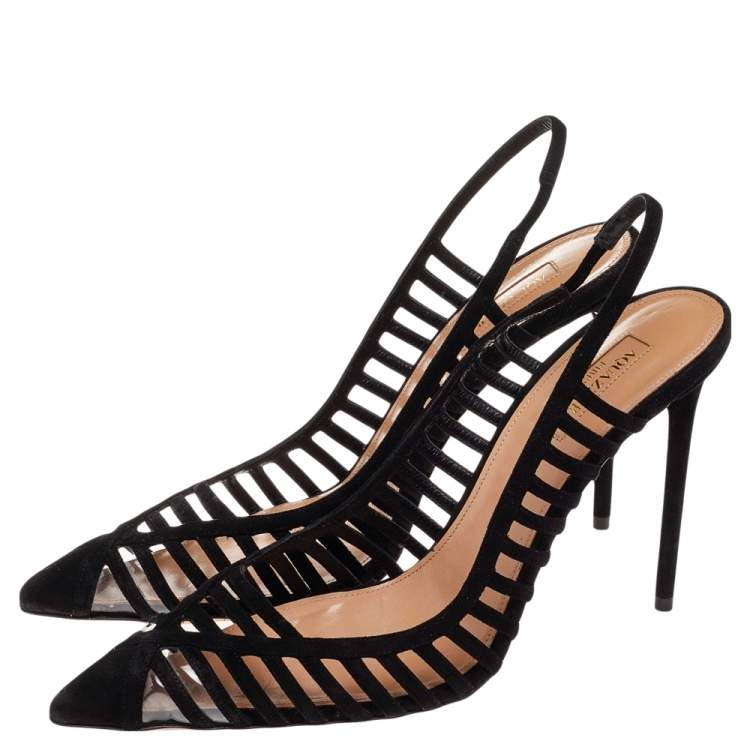 Pre Owned Aquazzura Black Suede And PVC Cosima Slingback Sandals Size 40