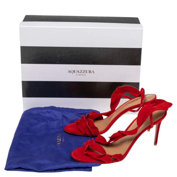 Pre Owned Aquazzura Red Suede Ruffled Open Toe Sandals Size 38.5