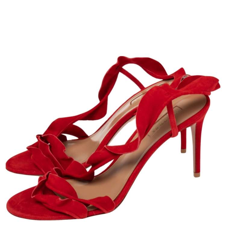 Pre Owned Aquazzura Red Suede Ruffled Open Toe Sandals Size 38.5