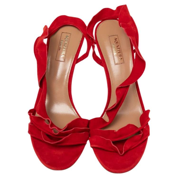 Pre Owned Aquazzura Red Suede Ruffled Open Toe Sandals Size 38.5