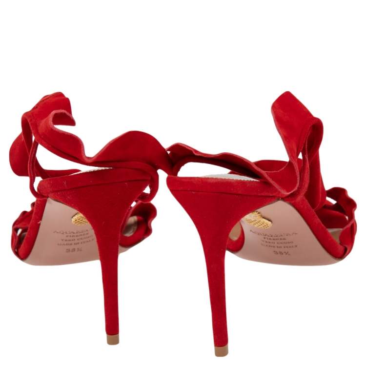 Pre Owned Aquazzura Red Suede Ruffled Open Toe Sandals Size 38.5