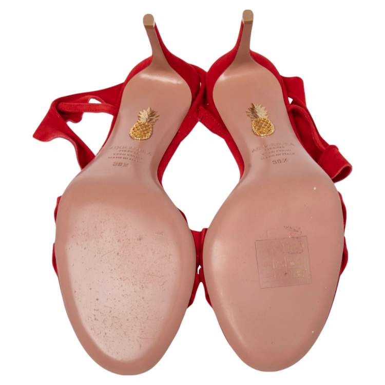 Pre Owned Aquazzura Red Suede Ruffled Open Toe Sandals Size 38.5