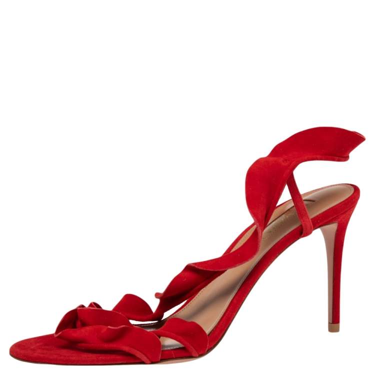 Pre Owned Aquazzura Red Suede Ruffled Open Toe Sandals Size 38.5