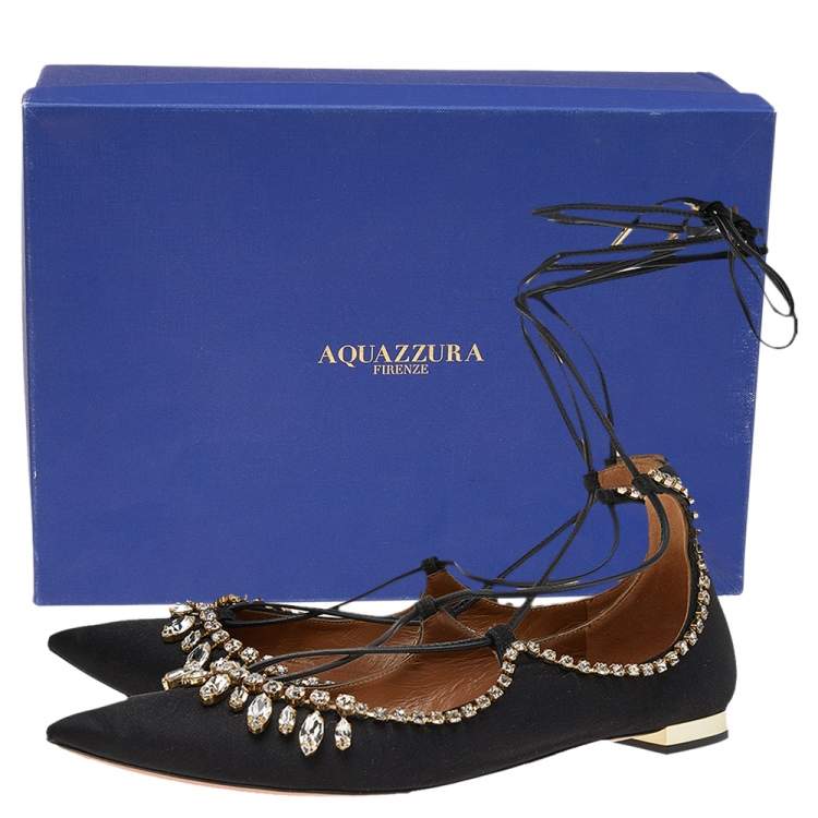 Pre Owned Aquazzura Alexa Black Satin Crystal Embellished Ankle Strap Flats Size 36.5 