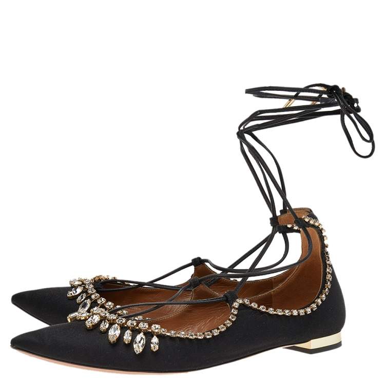 Pre Owned Aquazzura Alexa Black Satin Crystal Embellished Ankle Strap Flats Size 36.5 