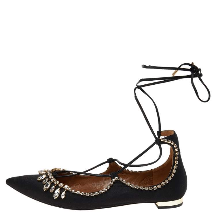 Pre Owned Aquazzura Alexa Black Satin Crystal Embellished Ankle Strap Flats Size 36.5 