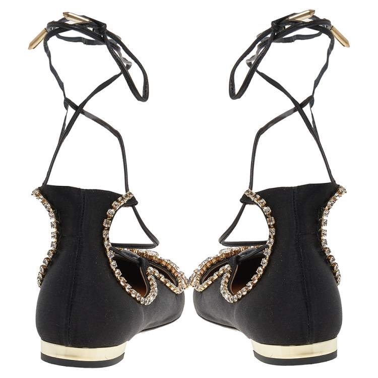 Pre Owned Aquazzura Alexa Black Satin Crystal Embellished Ankle Strap Flats Size 36.5 