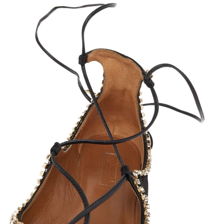 Pre Owned Aquazzura Alexa Black Satin Crystal Embellished Ankle Strap Flats Size 36.5 