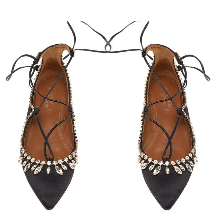 Pre Owned Aquazzura Alexa Black Satin Crystal Embellished Ankle Strap Flats Size 36.5 