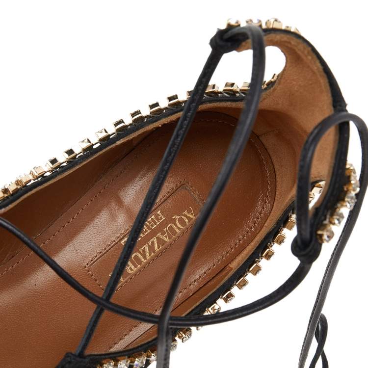Pre Owned Aquazzura Alexa Black Satin Crystal Embellished Ankle Strap Flats Size 36.5 